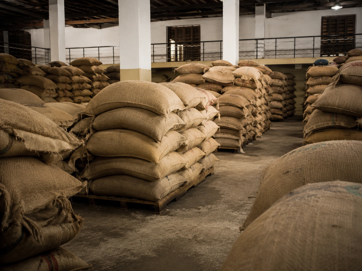 Burlap sacks of green coffee beans stacked on pallets in a warehouse