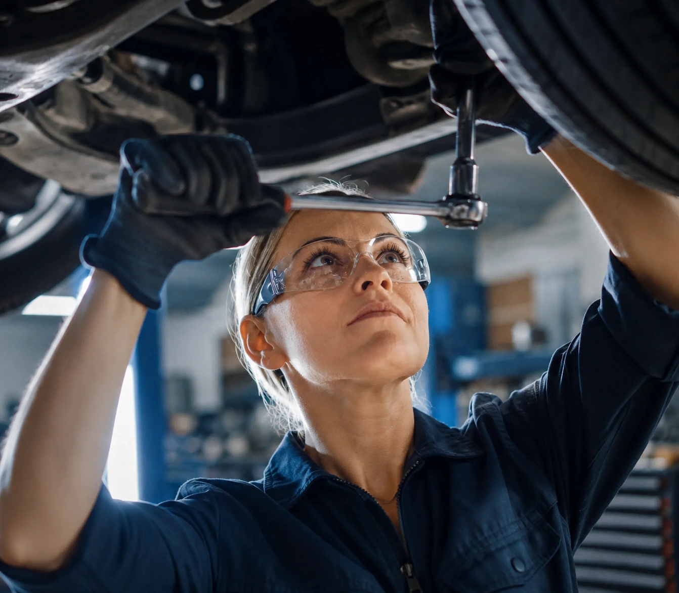 An automotive technician in safety glasses using a ratchet under a vehicle raised on a lift