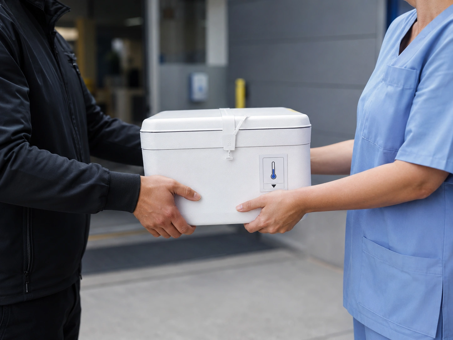 A courier passing a sealed insulated cold-chain shipping container to a healthcare worker in scrubs