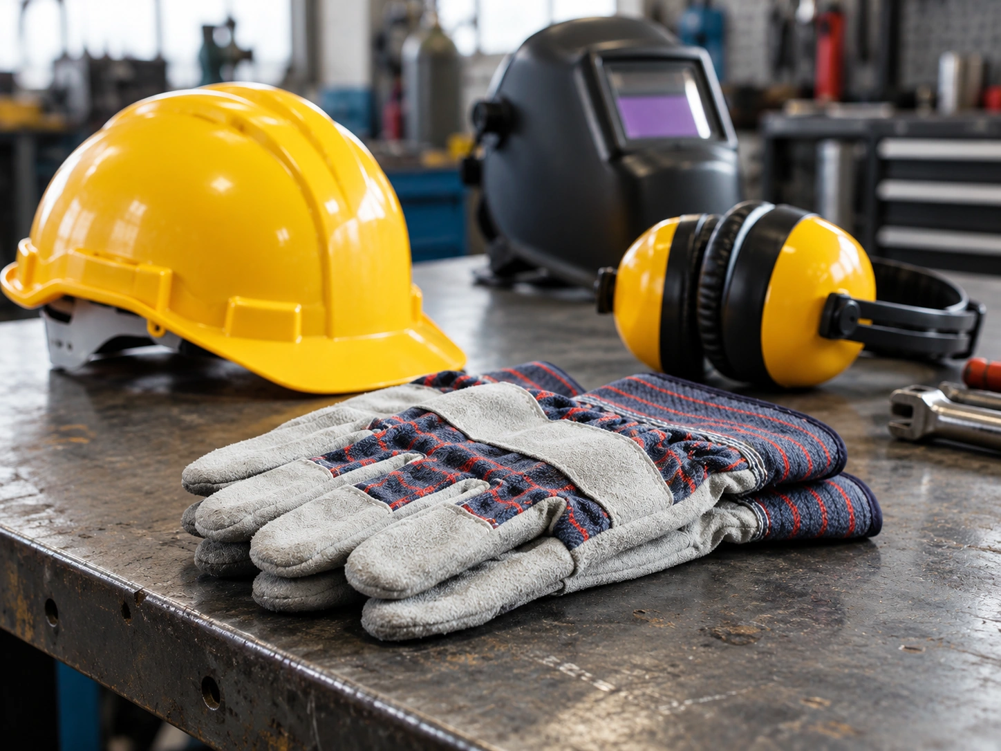Hard hat, welding helmet, ear protection and work gloves laid out on a steel workbench