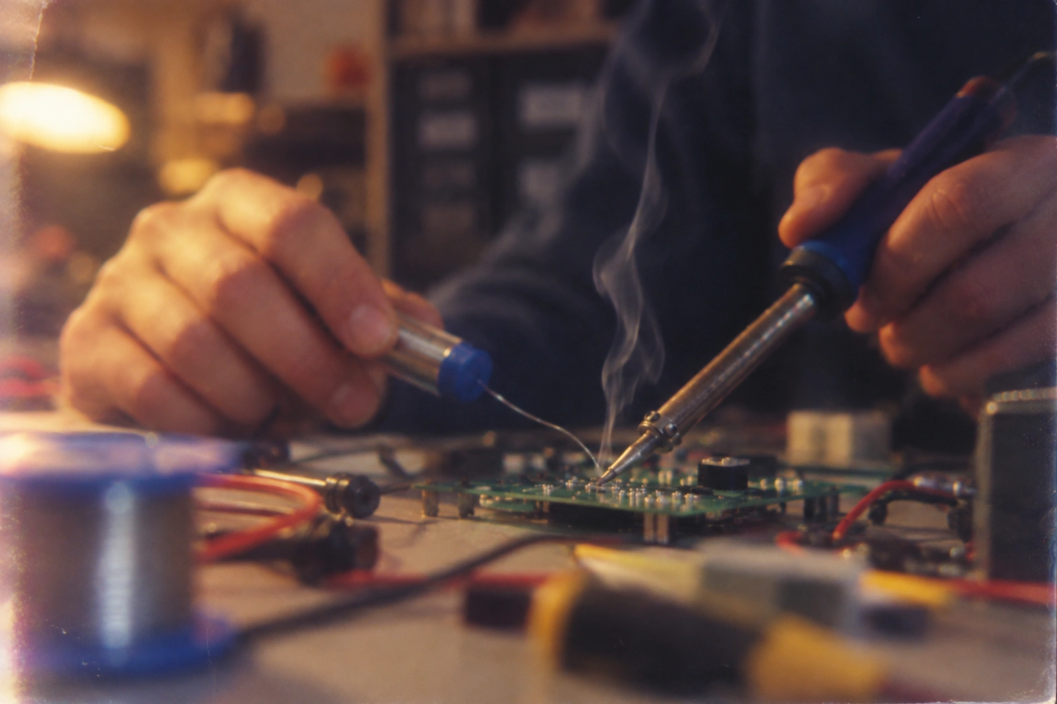 Close-up of a technician soldering a circuit board at a repair bench